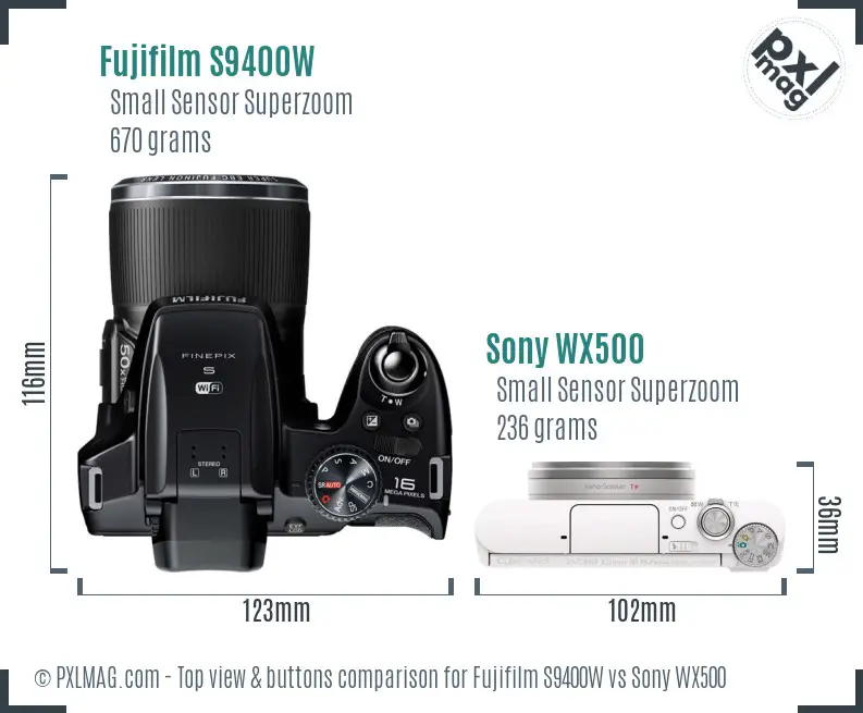 Fujifilm S9400W vs Sony WX500 top view buttons comparison