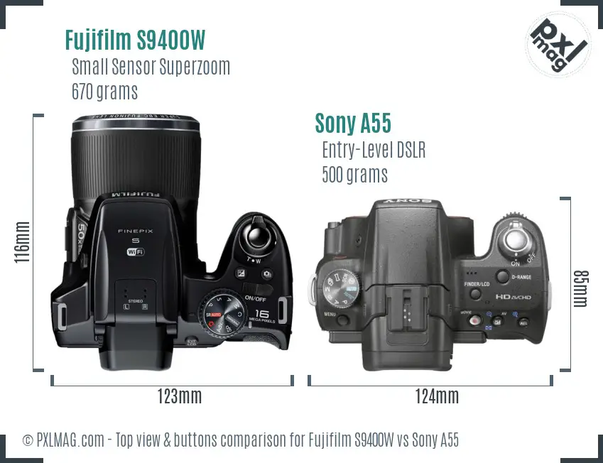 Fujifilm S9400W vs Sony A55 top view buttons comparison