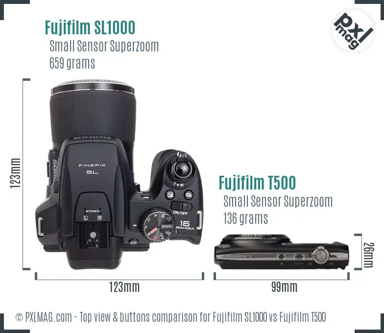 Fujifilm SL1000 vs Fujifilm T500 top view buttons comparison