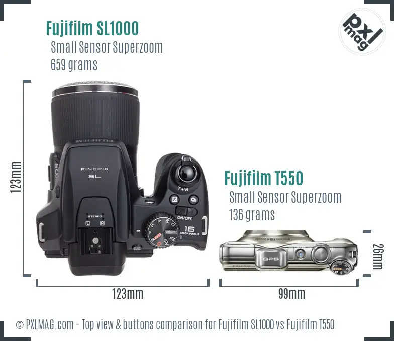 Fujifilm SL1000 vs Fujifilm T550 top view buttons comparison