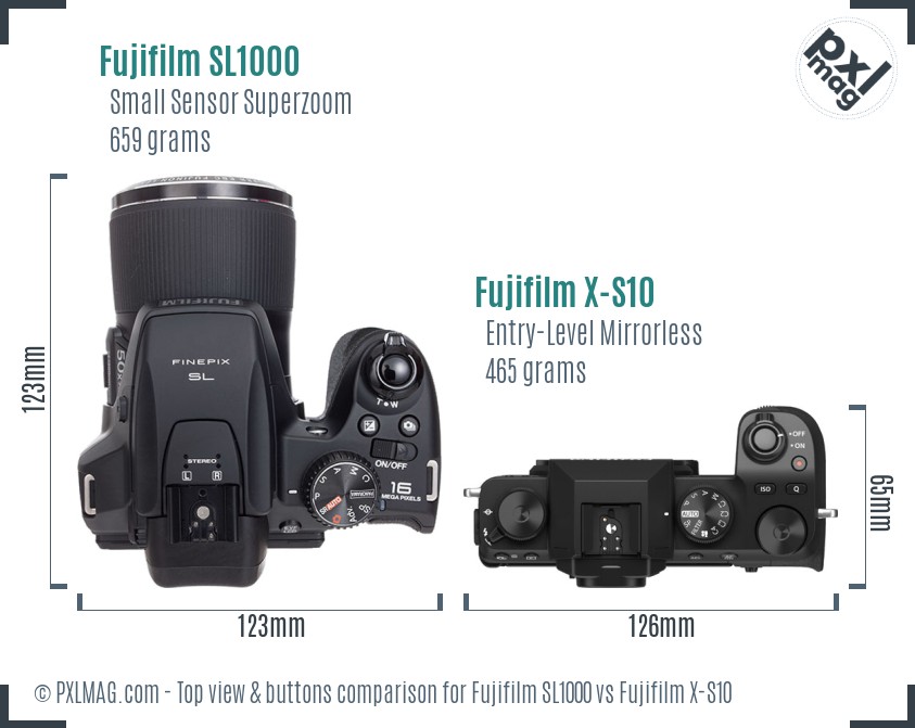 Fujifilm SL1000 vs Fujifilm X-S10 top view buttons comparison