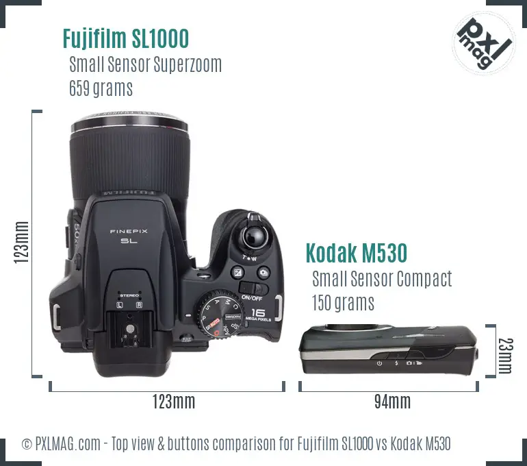 Fujifilm SL1000 vs Kodak M530 top view buttons comparison