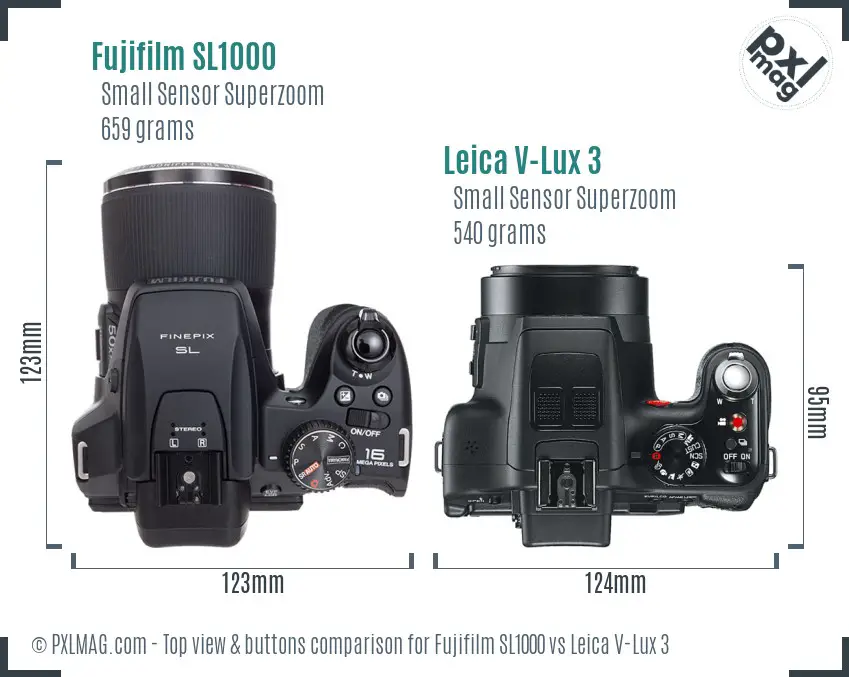 Fujifilm SL1000 vs Leica V-Lux 3 top view buttons comparison Fujifilm SL1000 vs Leica V-Lux 3 top view buttons comparison