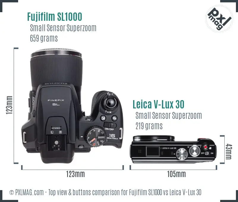 Fujifilm SL1000 vs Leica V-Lux 30 top view buttons comparison