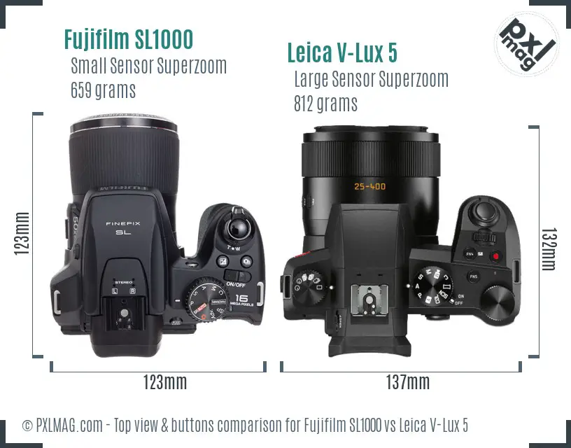 Fujifilm SL1000 vs Leica V-Lux 5 top view buttons comparison
