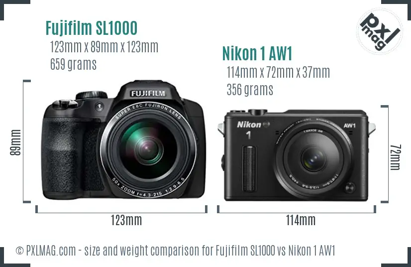 Fujifilm SL1000 vs Nikon 1 AW1 size comparison