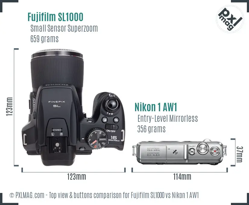 Fujifilm SL1000 vs Nikon 1 AW1 top view buttons comparison