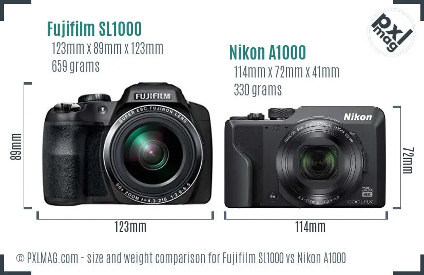 Fujifilm SL1000 vs Nikon A1000 size comparison