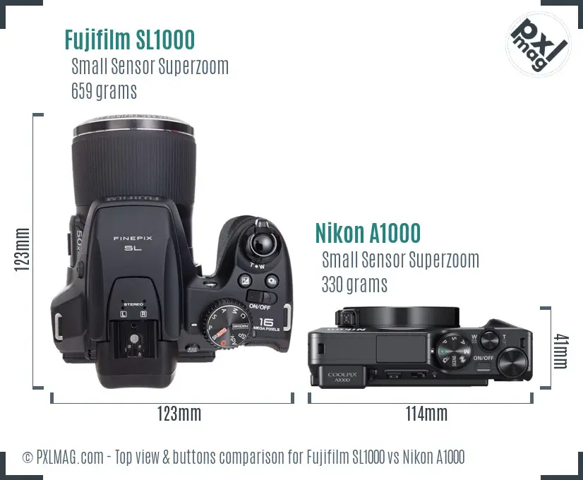 Fujifilm SL1000 vs Nikon A1000 top view buttons comparison