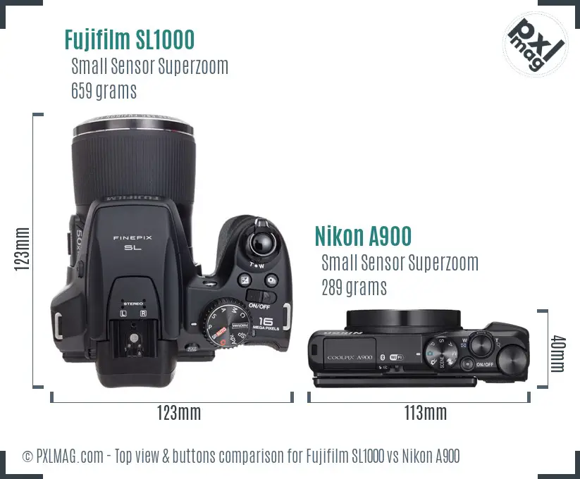 Fujifilm SL1000 vs Nikon A900 top view buttons comparison