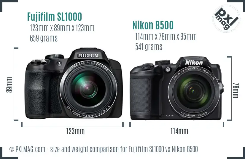 Fujifilm SL1000 vs Nikon B500 size comparison