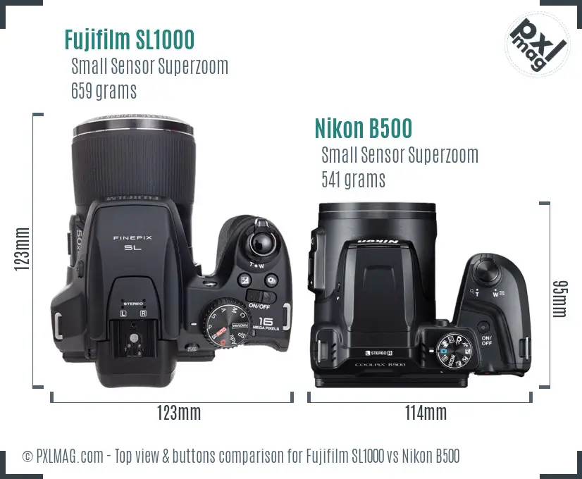 Fujifilm SL1000 vs Nikon B500 top view buttons comparison