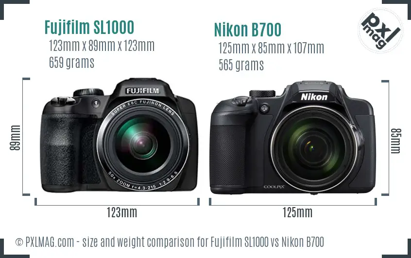 Fujifilm SL1000 vs Nikon B700 size comparison