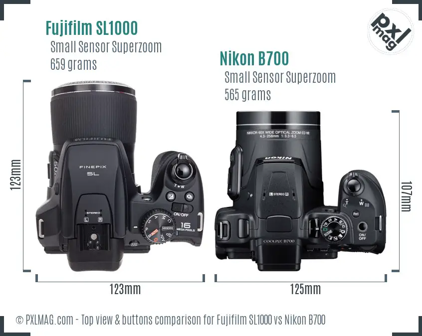 Fujifilm SL1000 vs Nikon B700 top view buttons comparison