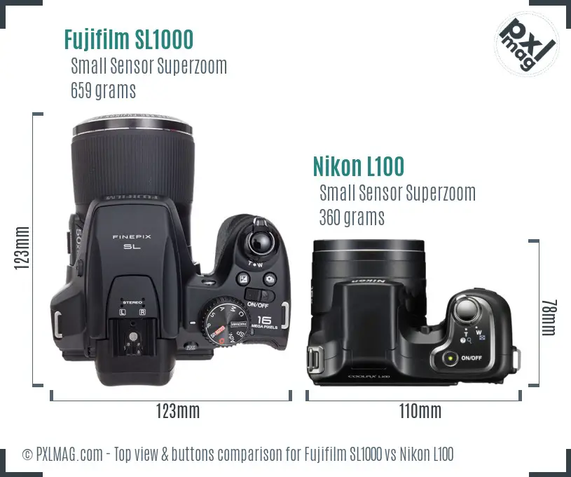 Fujifilm SL1000 vs Nikon L100 top view buttons comparison Fujifilm SL1000 vs Nikon L100 top view buttons comparison