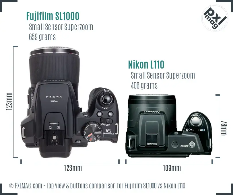 Fujifilm SL1000 vs Nikon L110 top view buttons comparison