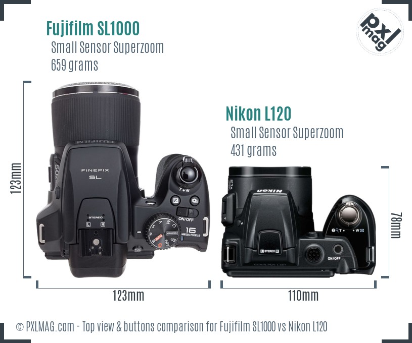 Fujifilm SL1000 vs Nikon L120 top view buttons comparison