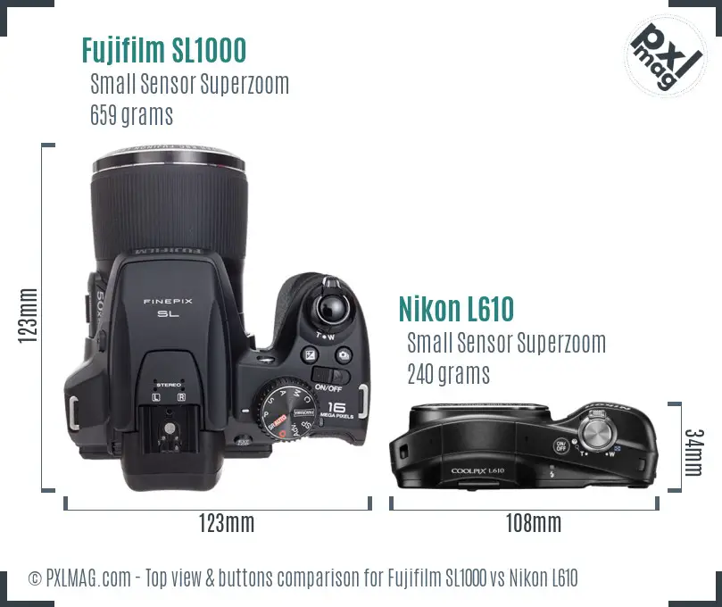 Fujifilm SL1000 vs Nikon L610 top view buttons comparison