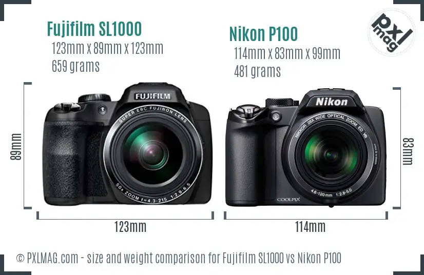 Fujifilm SL1000 vs Nikon P100 size comparison