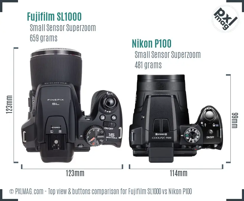Fujifilm SL1000 vs Nikon P100 top view buttons comparison