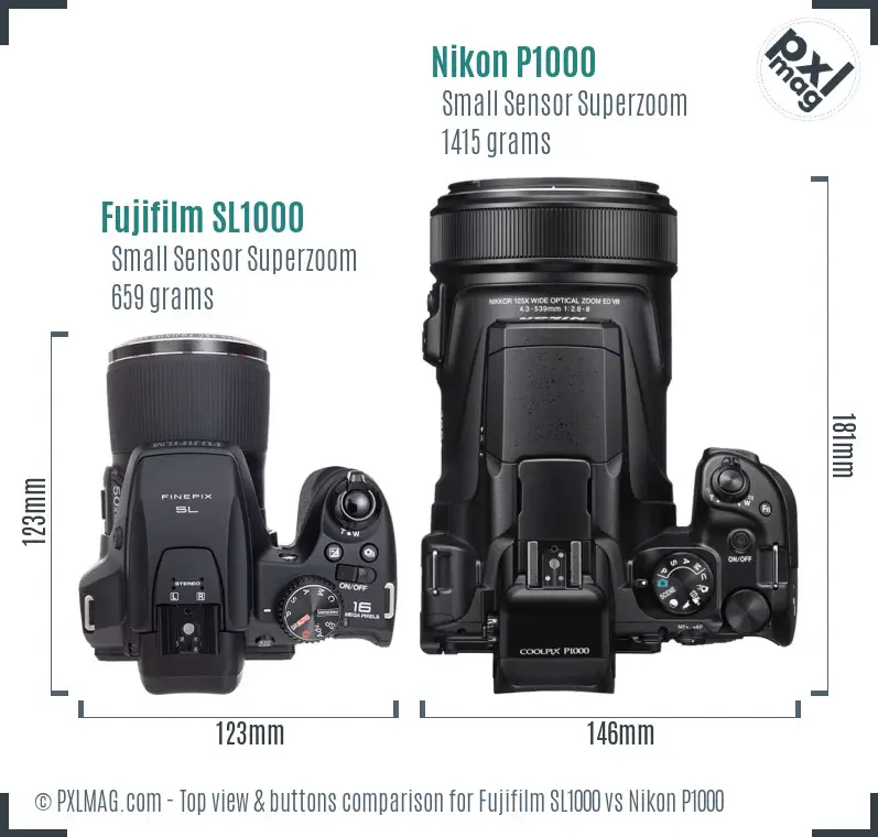Fujifilm SL1000 vs Nikon P1000 top view buttons comparison