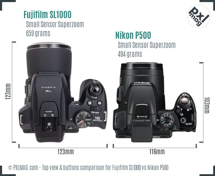 Fujifilm SL1000 vs Nikon P500 top view buttons comparison Fujifilm SL1000 vs Nikon P500 top view buttons comparison