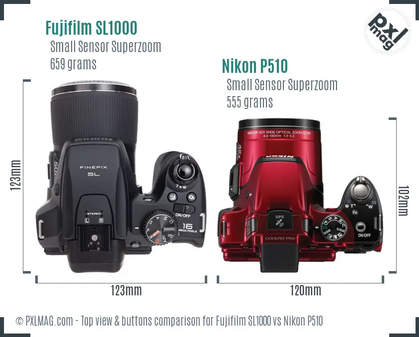 Fujifilm SL1000 vs Nikon P510 top view buttons comparison