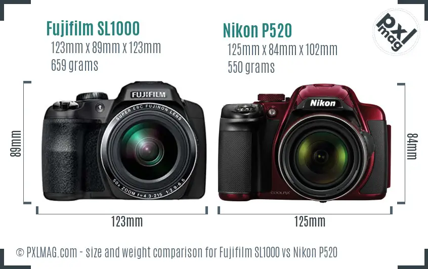 Fujifilm SL1000 vs Nikon P520 size comparison