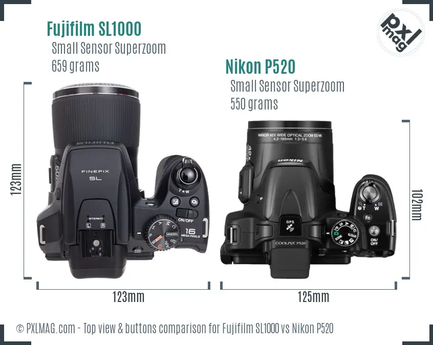 Fujifilm SL1000 vs Nikon P520 top view buttons comparison