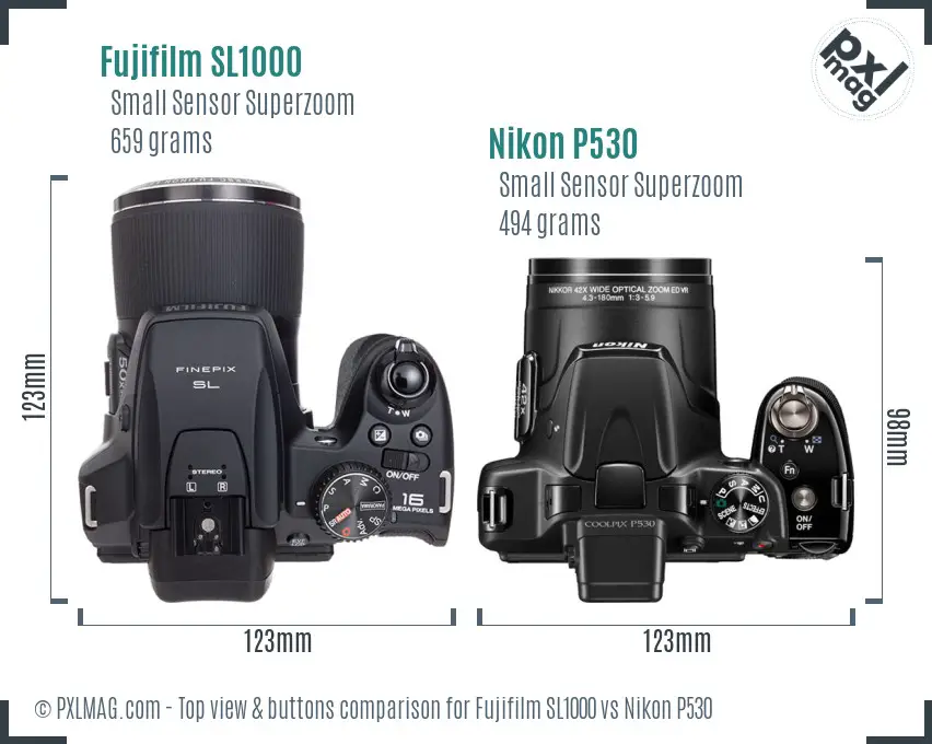 Fujifilm SL1000 vs Nikon P530 top view buttons comparison