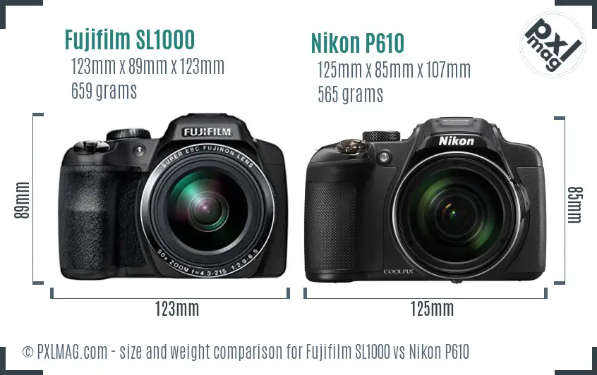 Fujifilm SL1000 vs Nikon P610 size comparison
