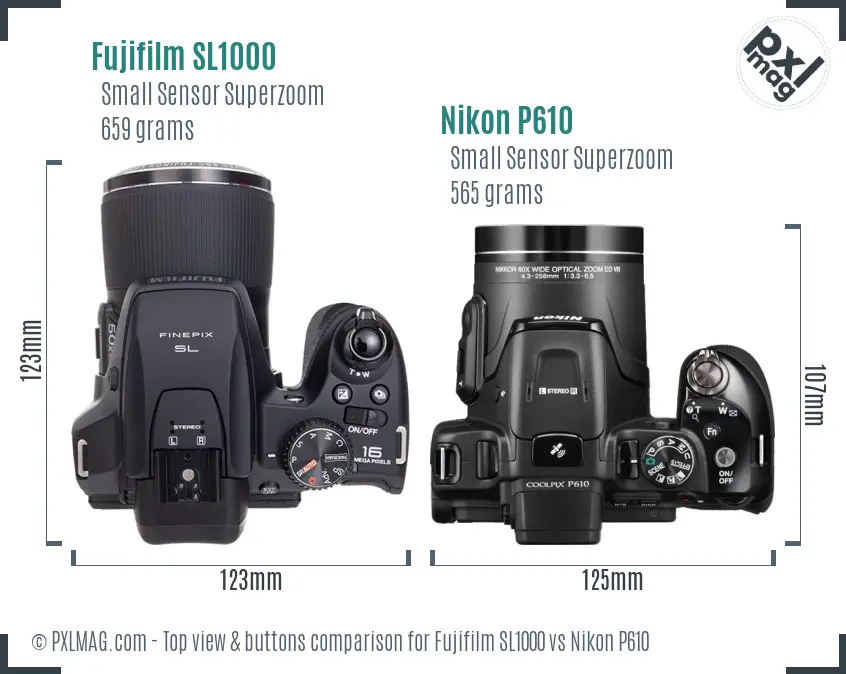 Fujifilm SL1000 vs Nikon P610 top view buttons comparison