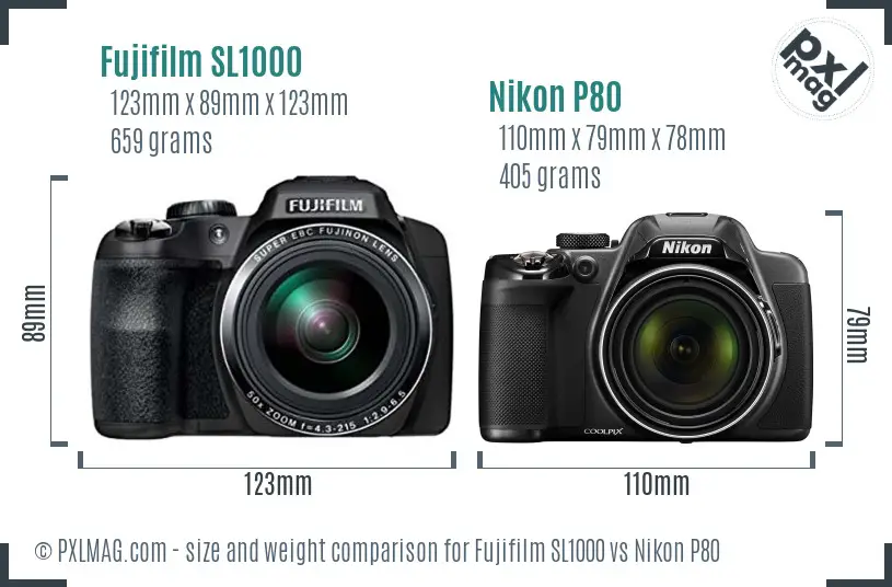 Fujifilm SL1000 vs Nikon P80 size comparison