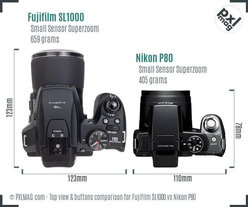 Fujifilm SL1000 vs Nikon P80 top view buttons comparison