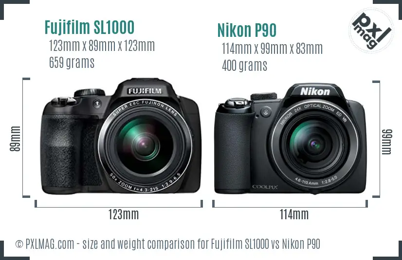 Fujifilm SL1000 vs Nikon P90 size comparison