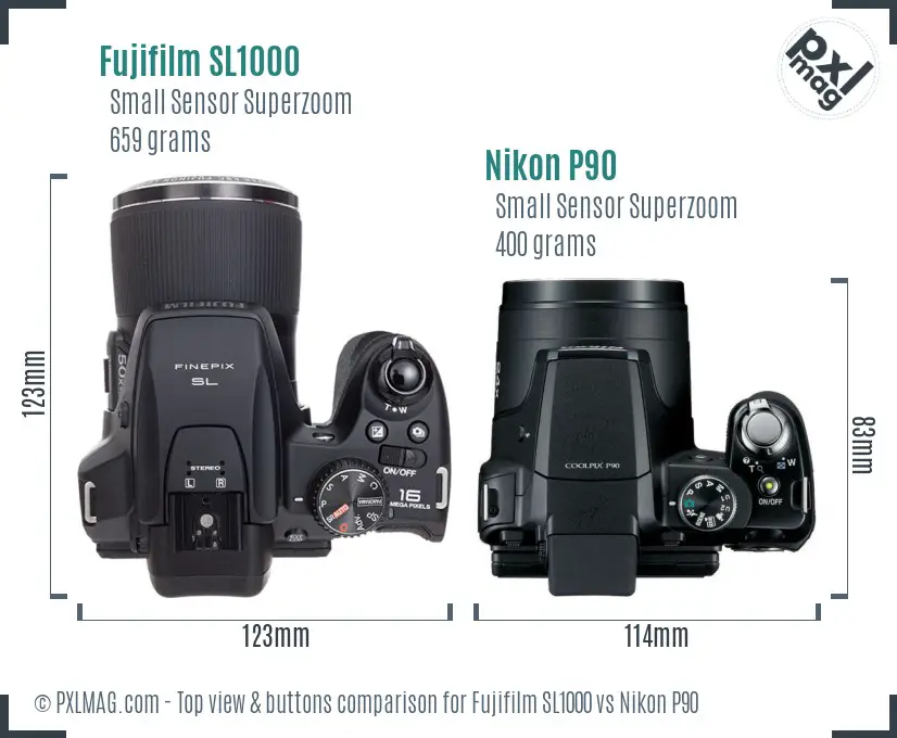 Fujifilm SL1000 vs Nikon P90 top view buttons comparison