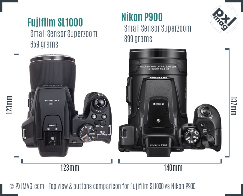 Fujifilm SL1000 vs Nikon P900 top view buttons comparison