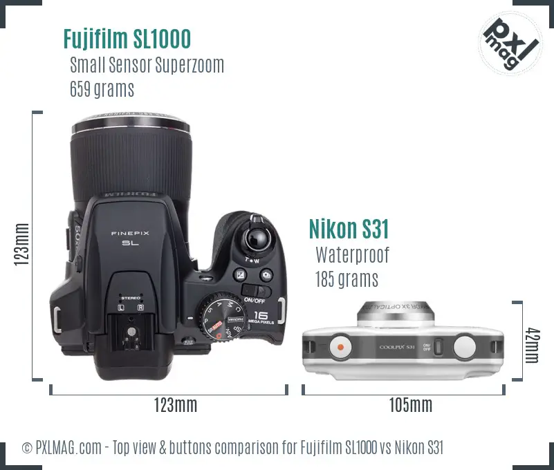 Fujifilm SL1000 vs Nikon S31 top view buttons comparison