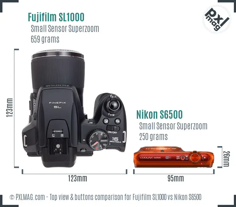 Fujifilm SL1000 vs Nikon S6500 top view buttons comparison