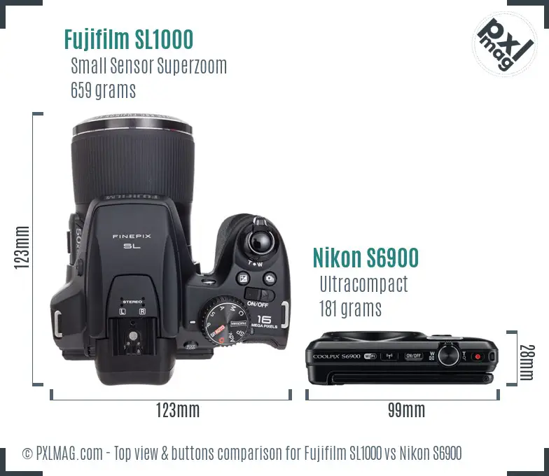 Fujifilm SL1000 vs Nikon S6900 top view buttons comparison