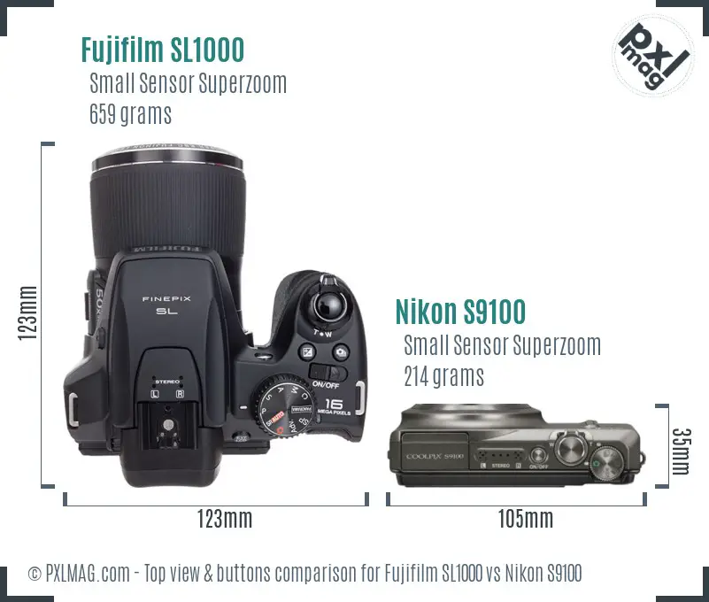 Fujifilm SL1000 vs Nikon S9100 top view buttons comparison Fujifilm SL1000 vs Nikon S9100 top view buttons comparison