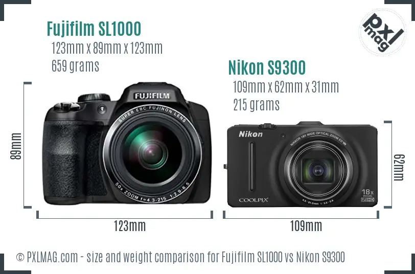 Fujifilm SL1000 vs Nikon S9300 size comparison