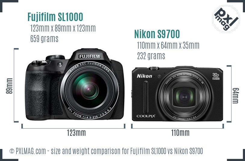 Fujifilm SL1000 vs Nikon S9700 size comparison