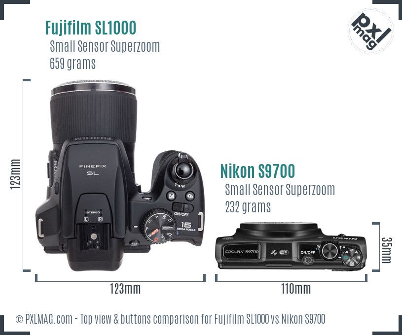 Fujifilm SL1000 vs Nikon S9700 top view buttons comparison
