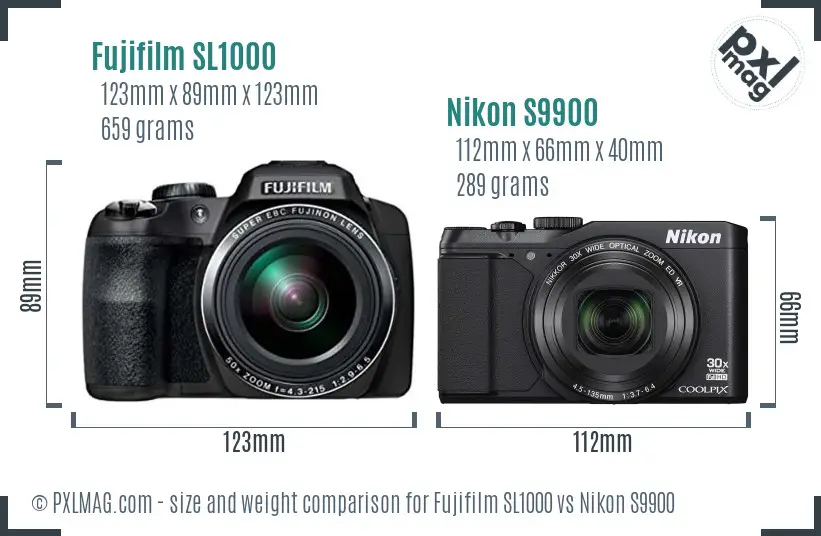 Fujifilm SL1000 vs Nikon S9900 size comparison