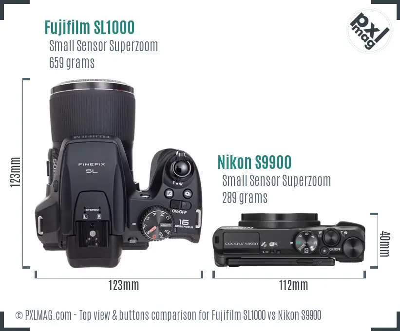 Fujifilm SL1000 vs Nikon S9900 top view buttons comparison