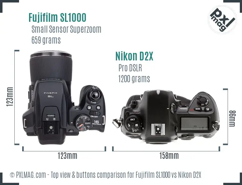 Fujifilm SL1000 vs Nikon D2X top view buttons comparison