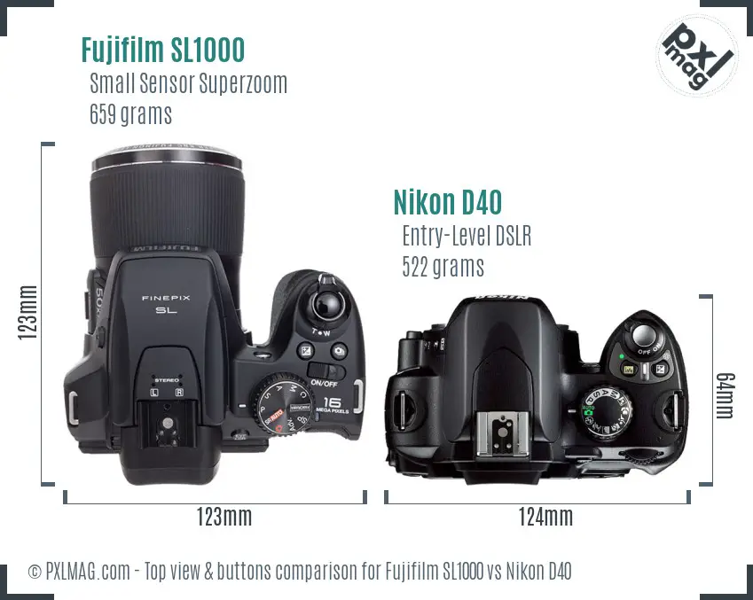 Fujifilm SL1000 vs Nikon D40 top view buttons comparison