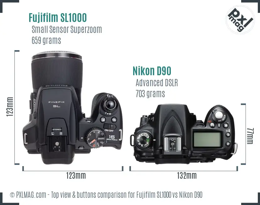 Fujifilm SL1000 vs Nikon D90 top view buttons comparison