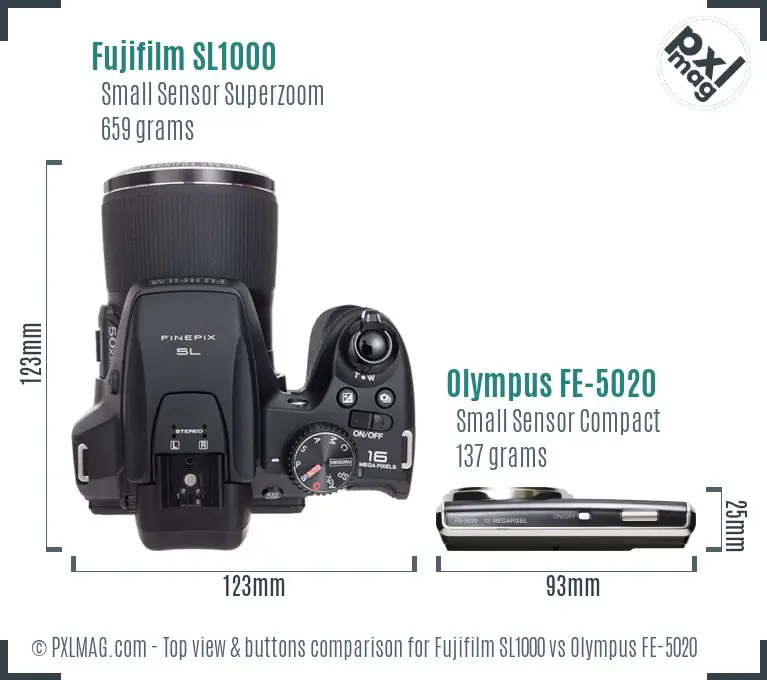 Fujifilm SL1000 vs Olympus FE-5020 top view buttons comparison